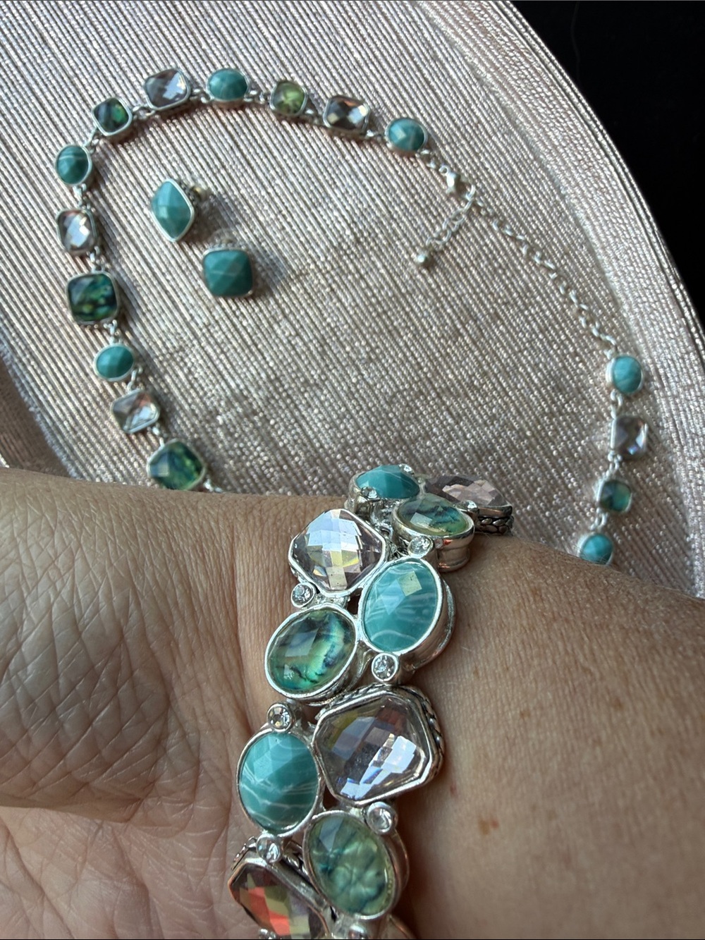 Napier Silver-Tone Green turquoise Stone Necklace, Bracelet & Earrings Set